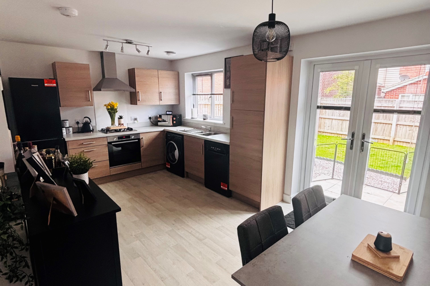 Kitchen and dining space with patio doors out to the garden