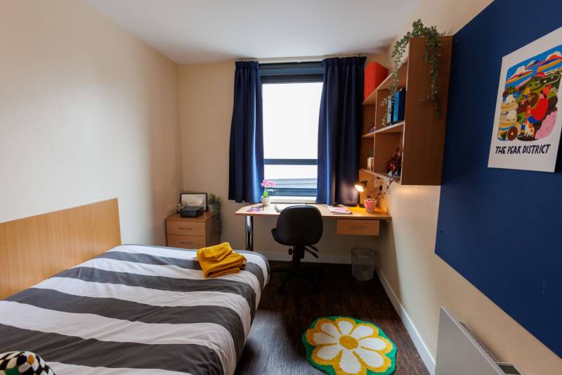 Bedroom with bed, shelving and desk