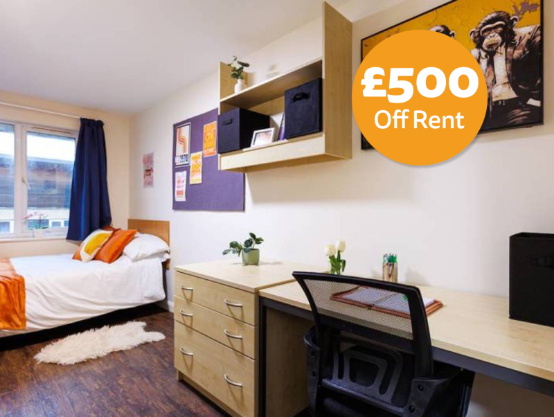 Student room with bed, desk, chair and window