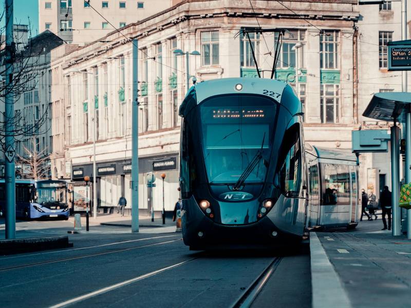 Tram driving through Nottingham city centre