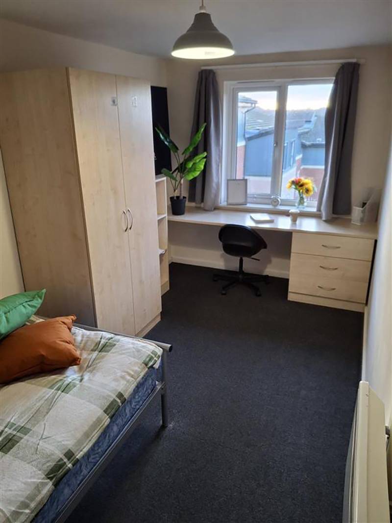 Bedroom with bed, shelving, desk and window