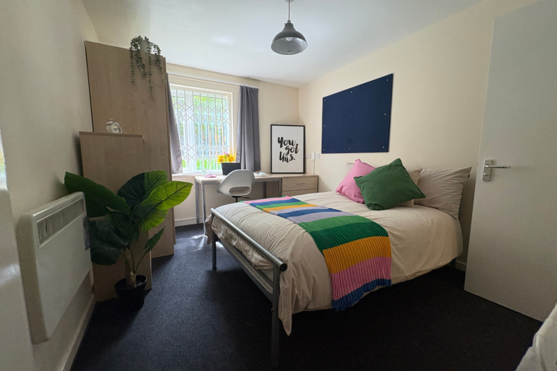 Bedroom with bed, shelving, desk and window