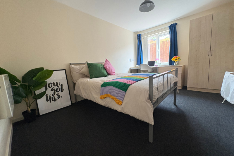 Bedroom with bed, shelving, desk and window