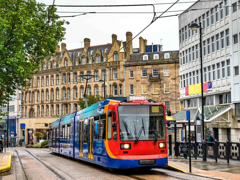 Tram driving through the city