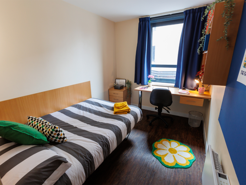 Student room with bed, desk, chair and window