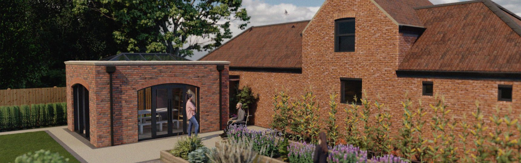 CGI of a garden with a red brick building and two people talking