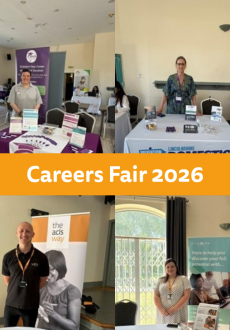 various people at stands at a careers fair