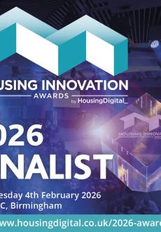 Graphic announcing Housing Innovation Awards 2026 finalist, event on 4 February 2026 at The ICC Birmingham, with logo and website link."