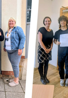 Two students with their GCSE results and tutors