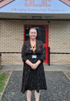 Paula is stood in middle of the entrance to Gainsborough Uphill Community Centre