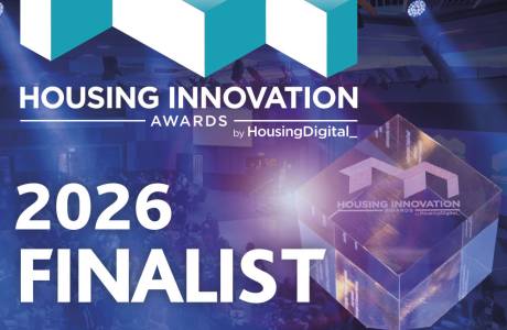 Graphic announcing Housing Innovation Awards 2026 finalist, event on 4 February 2026 at The ICC Birmingham, with logo and website link."