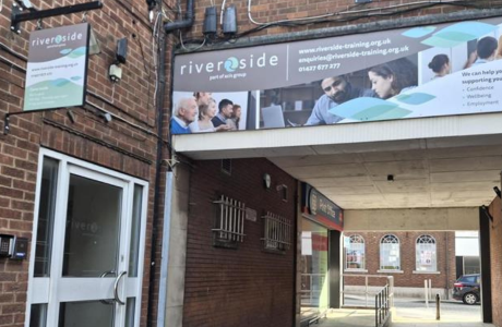 The entrance to Riverside Training in Gainsborough showing the door and a sign