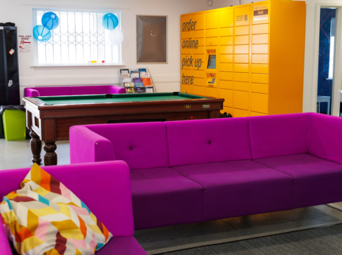 Student common room with pool table and parcel lockers