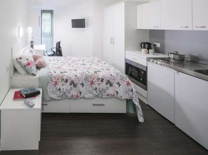 Student bedroom with kitchenette