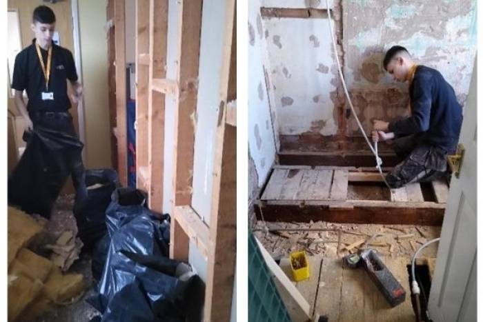 Blake working on a bathroom