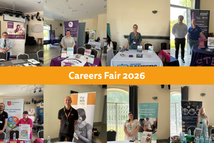 various people at stands at a careers fair