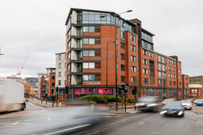 The outside of the Trigon block of flats