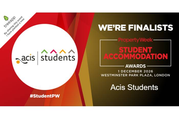 Poster showing Acis Students are finalists in Property Week Student Accommodation Awards 2026