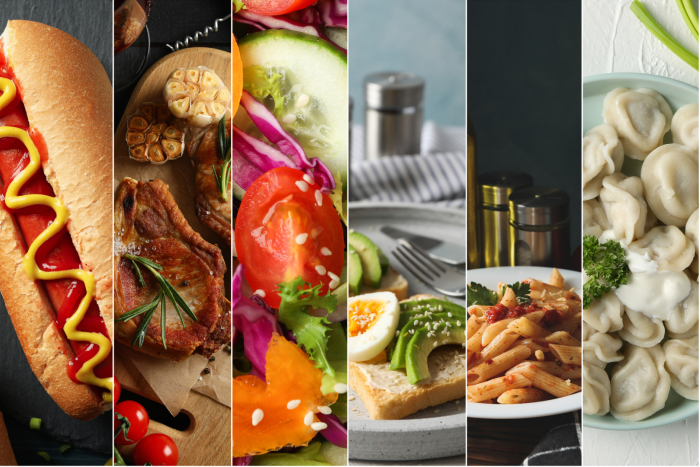 Cropped images of food, hot dog, pork chop, salad, egg and avocado on toast, pasta