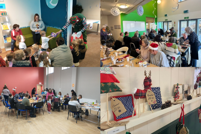 People eating Christmas dinner and children being handed presents by elves