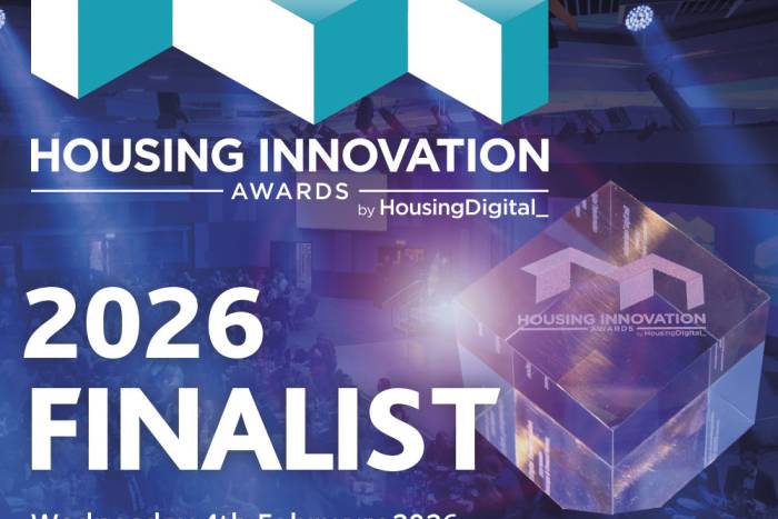 "Graphic announcing Housing Innovation Awards 2026 finalist, event on 4 February 2026 at The ICC Birmingham, with logo and website link housingdigital.co.uk/2026-awards."