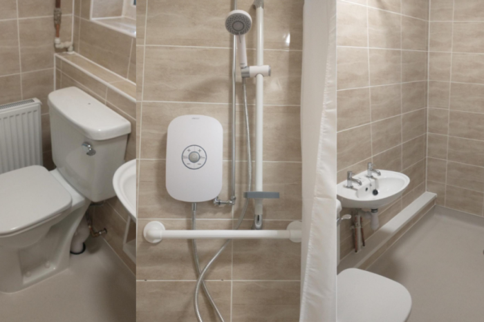 Toilet and shower in wet room with adaptations