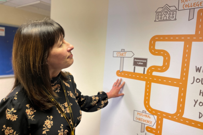 A woman looking at a road map on a wall.