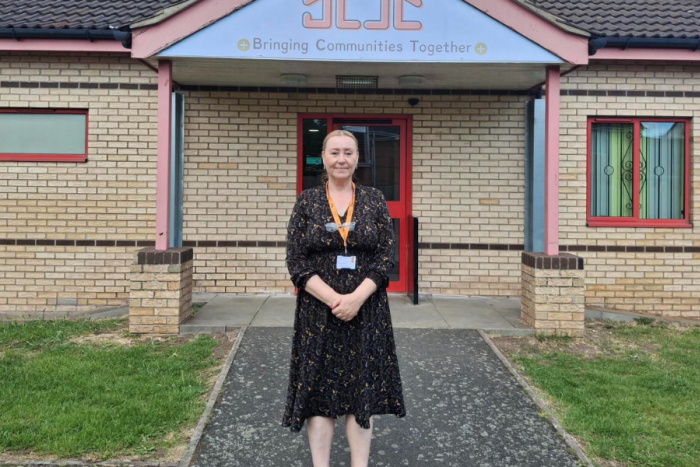 Paula is stood in middle of the entrance to Gainsborough Uphill Community Centre