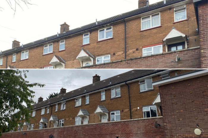 Two photos of roofs before and after being replaced