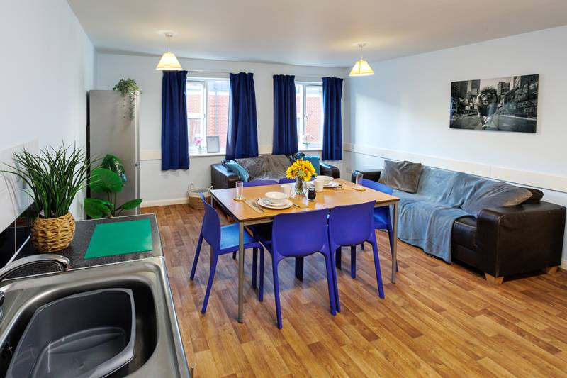 Single room type , kitchen table and sofa seating area