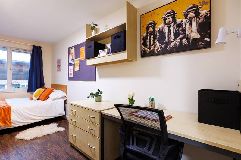 Standard student room with close up of desk and chair
