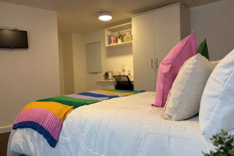 Bedroom with bed and desk