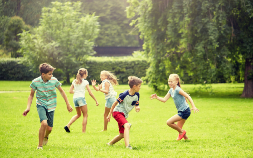 Children playing on a field in the sunshine