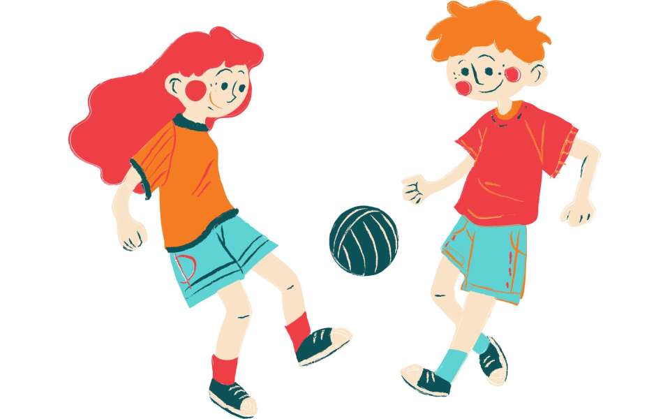 two cartoon children playing football
