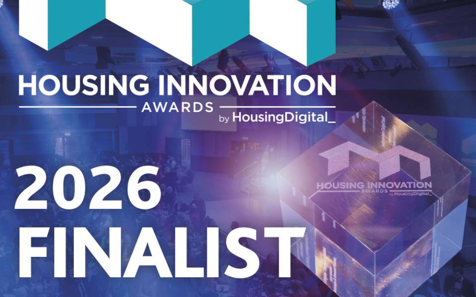 "Graphic announcing Housing Innovation Awards 2026 finalist, event on 4 February 2026 at The ICC Birmingham, with logo and website link housingdigital.co.uk/2026-awards."