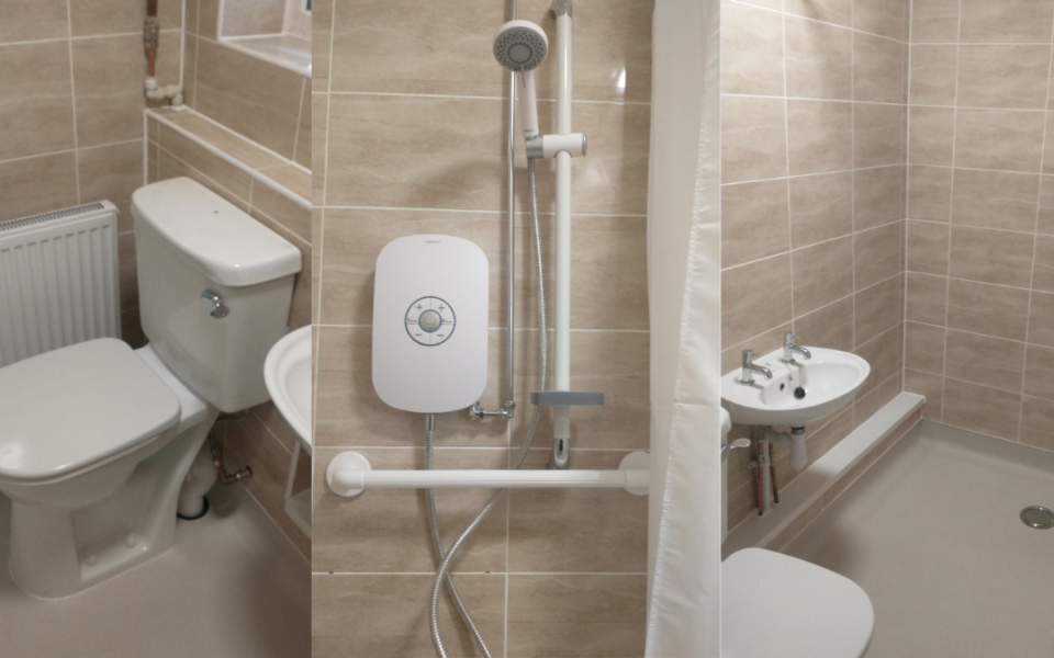 Toilet and shower in wet room with adaptations