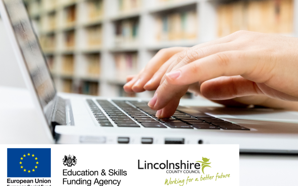 Close up of hands typing on laptop with EU, government and Lincolnshire council logos