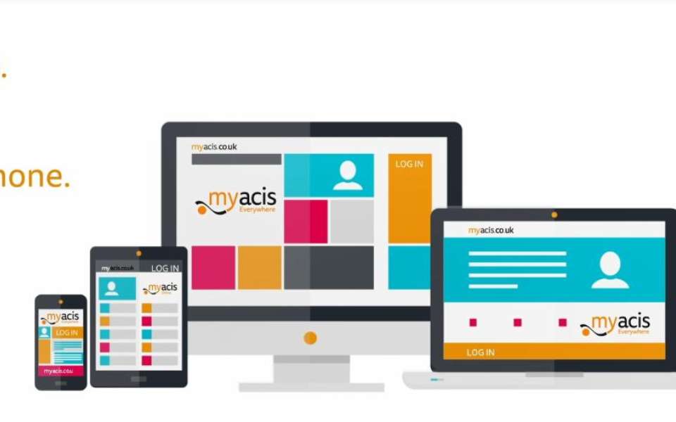 Graphic showing computer, tablet and phone screens with my acis app on