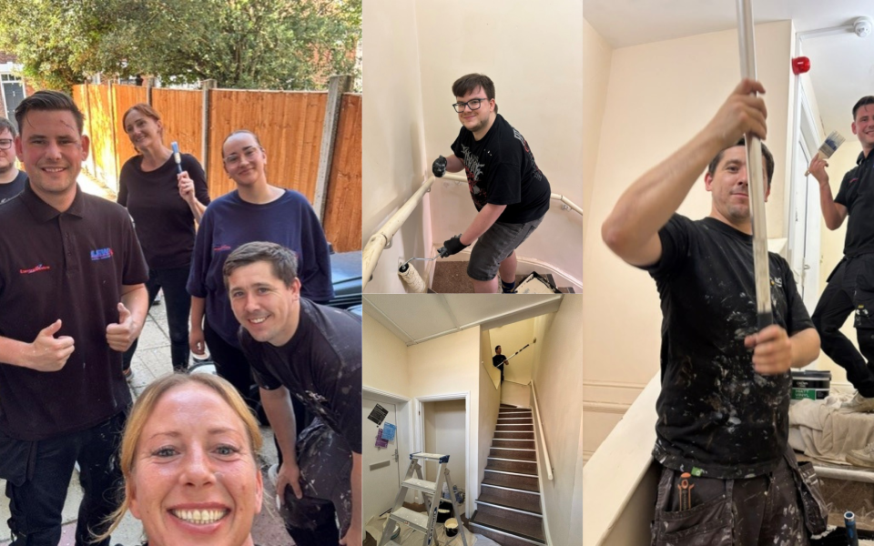 Workmen and women painting the reception area of an Acis Group property in Market Rasen