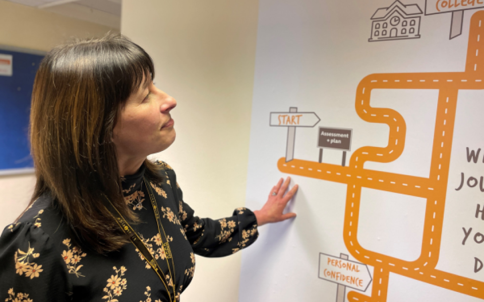 A lady looking at a map on a wall.