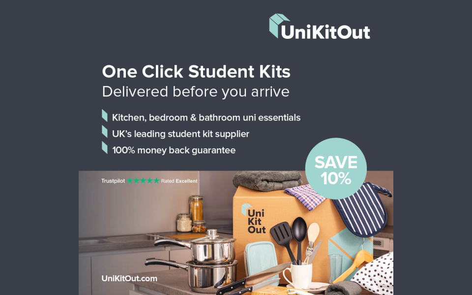 Uni kit out advert showing one click student kits, box of pans, towels, cutlery in a kitchen