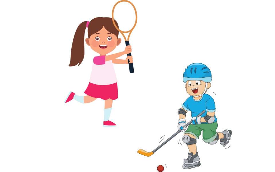 cartoon girl holding a tennis racket and cartoon boy playing hockey