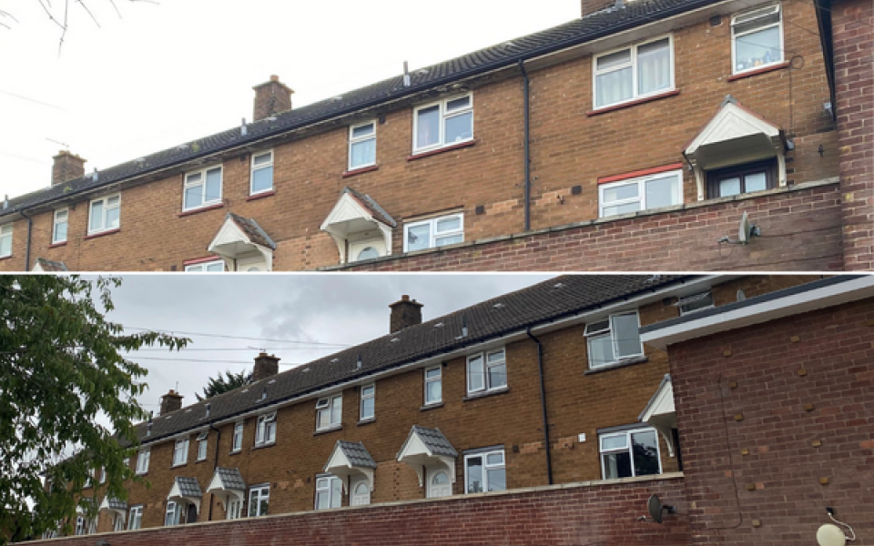 Two photos of roofs before and after being replaced